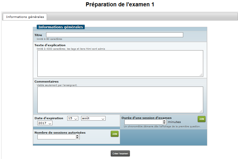 Page de configuration d'un examen